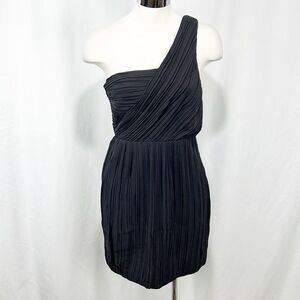 Theory Taliana Georgette Silk One Shoulder Pleated Dress in Black 4